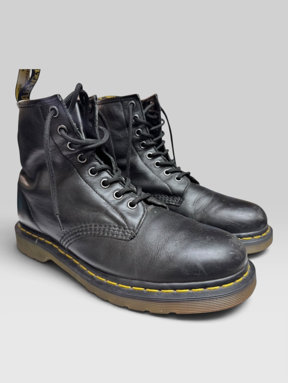 Dr. Martens Black Leather 8 Eye Lace Up Boots Yellow Stitching Mens 10